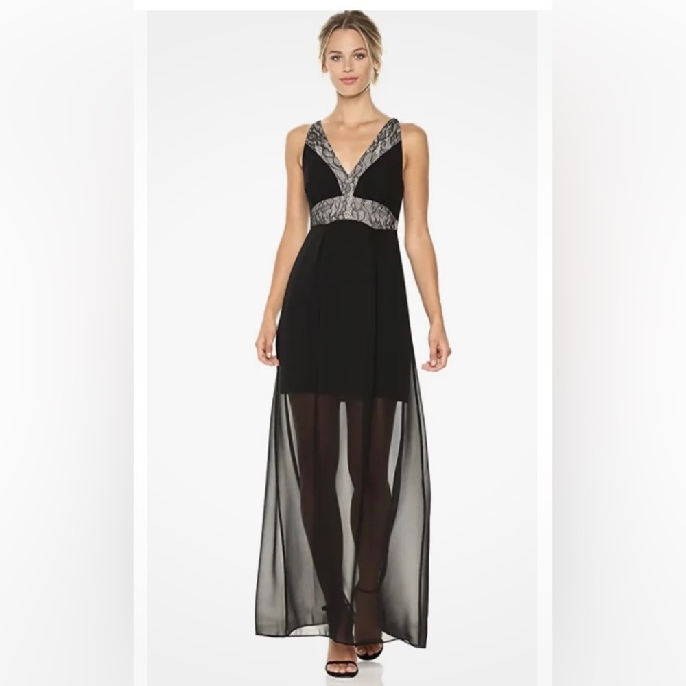 BCBGENERATION dress size 4 black tan lace panels long maxi party cocktail